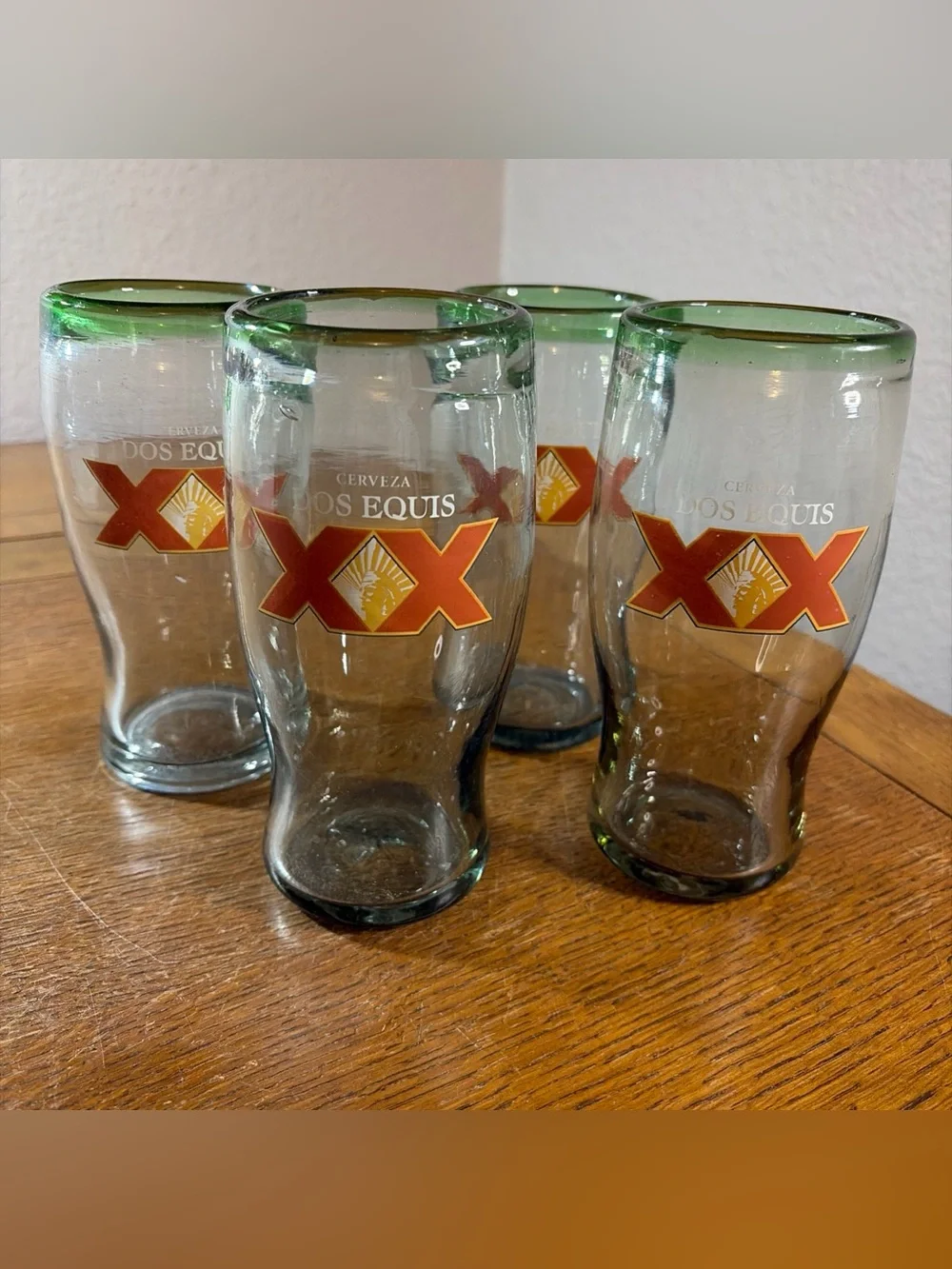 Dos Equis XX Hand Blown Beer Glasses  Heavyweight Thick Bubbles Green Rim Set 4